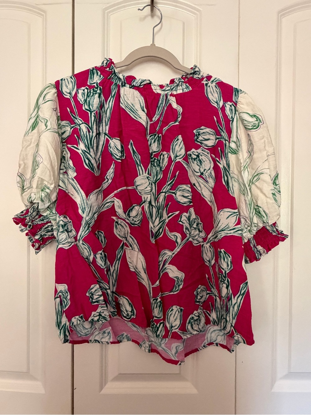 JODIFL Fuchsia Tulip-Print Ruffled Neck Blouse